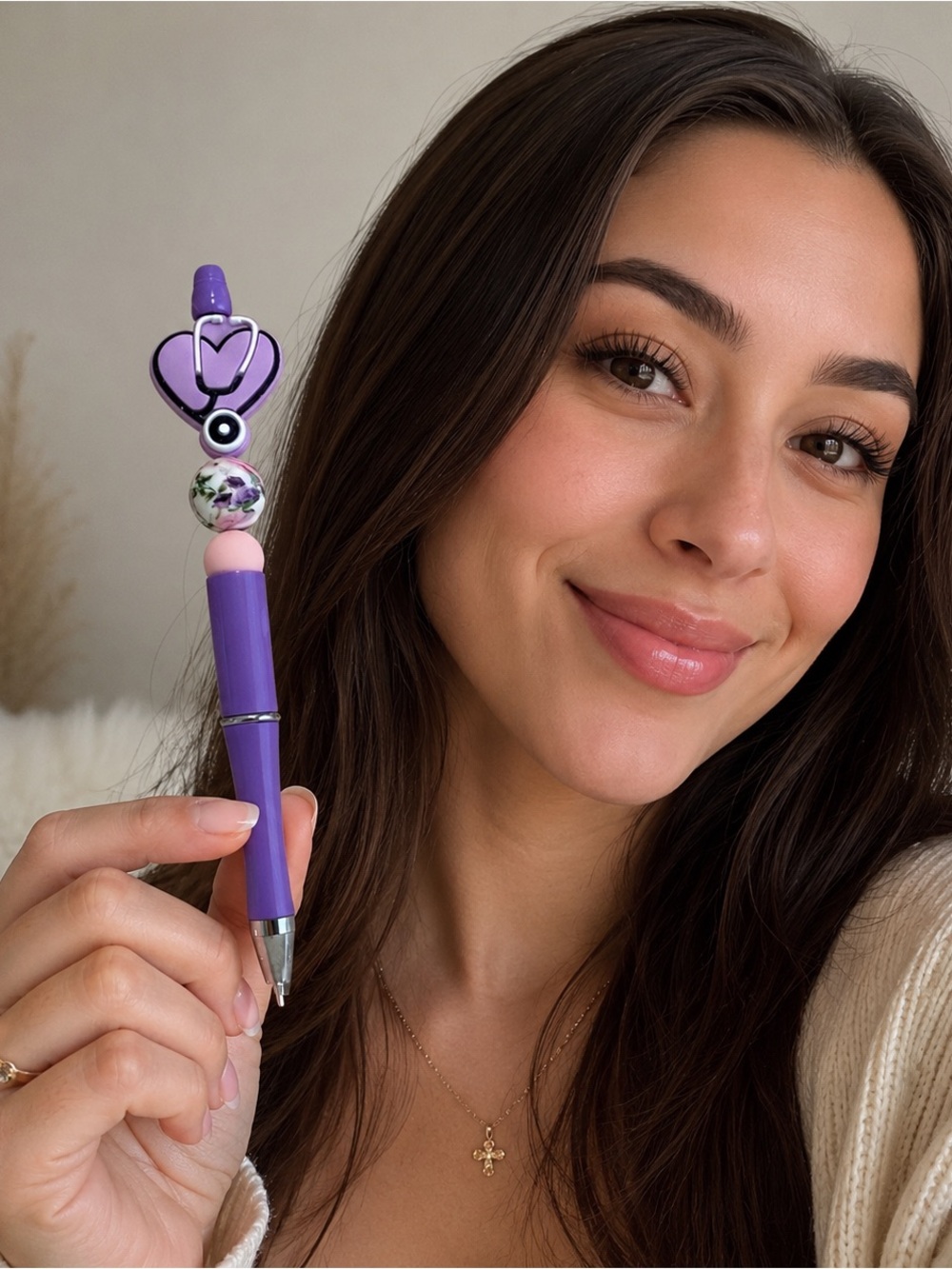 Nurse Heart Shape Purple Beaded Ballpoint Black Ink Pen